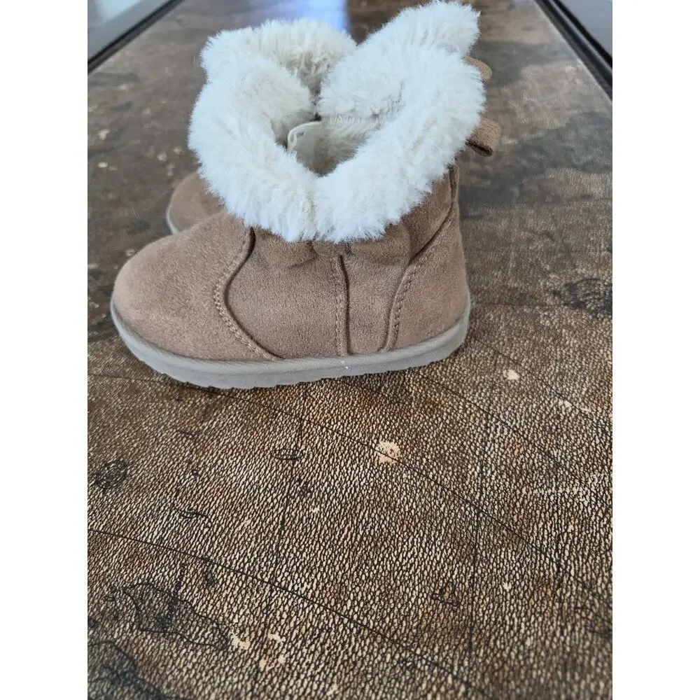 Baby Faux Suede Bootie Boots Faux Fur Lined Trim Bow Slip On Brown/White 5
